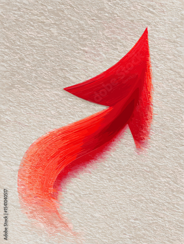 Red arrow drawn with a brush on textured paper background, concept of 3D character, transparent background  