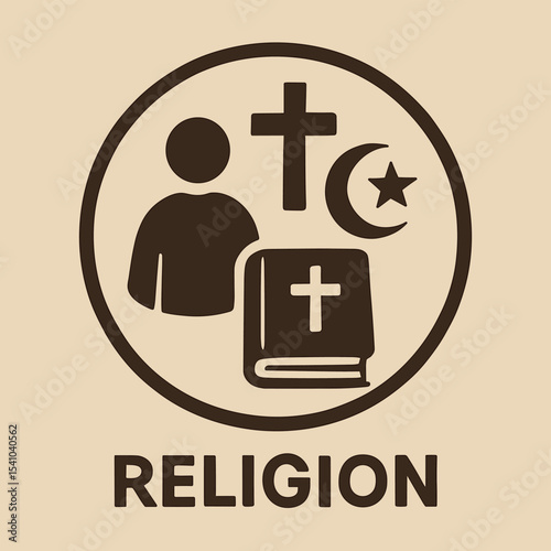 Religious symbols including cross, crescent, and book icon  