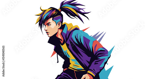Young man with colorful hair in dynamic pose wearing hoodie  