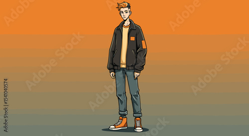 Young man standing in orange and grey background wearing casual outfit  