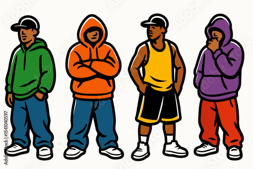 Group of young men in colorful hoodies and casual outfits standing  