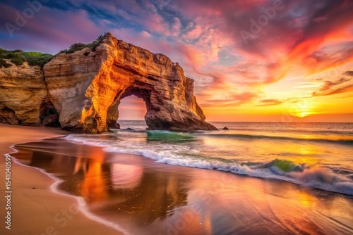 Golden Hour Seascape Ocean Waves Crashing on Sandy Shore Near Dramatic Arch Rock Formation at Sunset