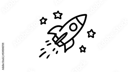 Simple line drawing of a rocket flying in space with stars  
