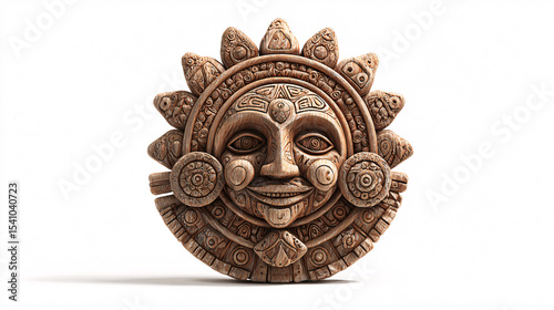 Ancient wooden sun god statue isolated on white