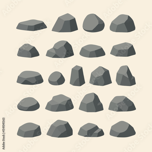 Stone Collection: A collection of gray stones in diverse shapes, perfect for graphic design assets, website elements, or digital artwork. This versatile element elevates visual projects.