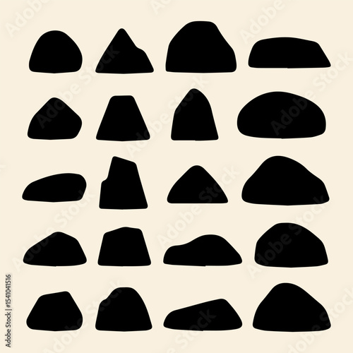 Shapes of Stones: A minimalist depiction of stones, rendered in sleek, solid shapes against a contrasting backdrop, capturing the essence of nature's timeless forms.