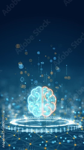 Motion graphic of a glowing human brain with tech elements, symbolizing digital intelligence and AI-driven computing in a vertical video format.