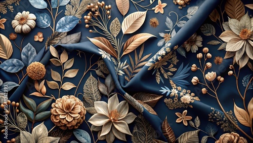 Elegant floral arrangement on luxurious dark blue fabric, showcasing a rich tapestry of gold and blue hues, with intricate leaf and flower details, creating a sophisticated and opulent aesthetic.
