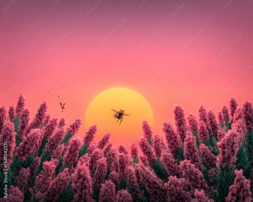 Fototapeta premium Vibrant sunset over a field of pink flowers with a bee