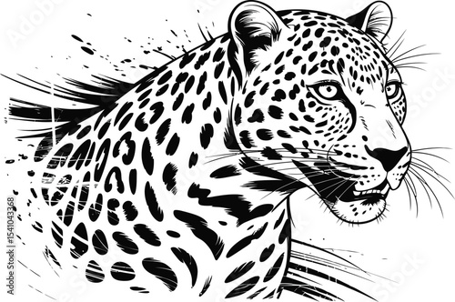 A black and white drawing of a leopard with spots and sharp teeth