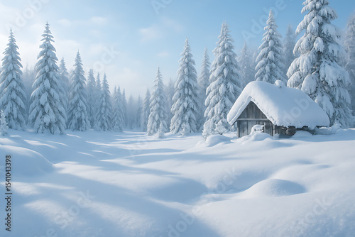 Peaceful Winter Landscape with Snow-Covered Cabin and Pine Trees – Serene Snowy Forest Scene

