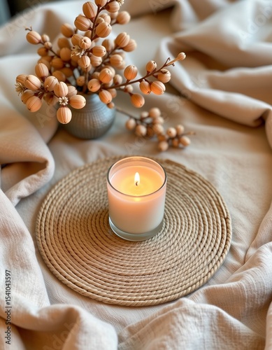 A lit candle in a glass holder sits on a round woven mat, accompanied by a vase with beige dried berries, all placed on soft beige fabric for a cozy atmosphere.