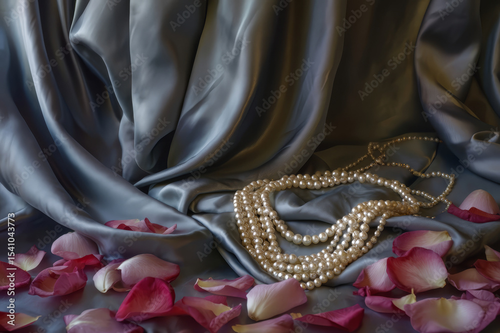 Fototapeta premium Elegant pearl necklaces arranged on soft satin fabric with scattered rose petals, symbolizing love and celebration for anniversaries. copy space