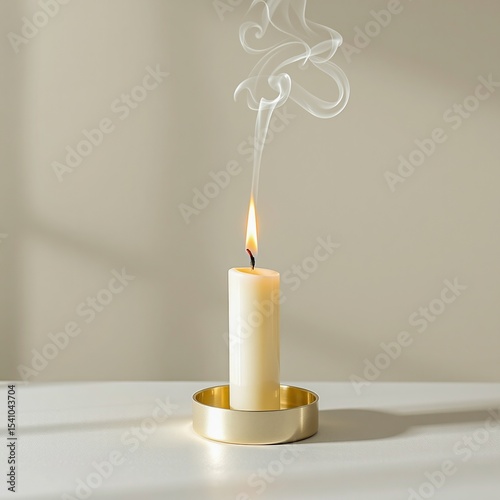 A white candle burns with a flickering flame, emitting delicate smoke, placed in a gold holder on a smooth surface against a neutral background.
