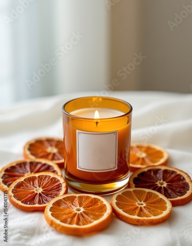 A lit amber glass candle surrounded by dried orange slices, creating a warm and cozy atmosphere on a soft white surface.