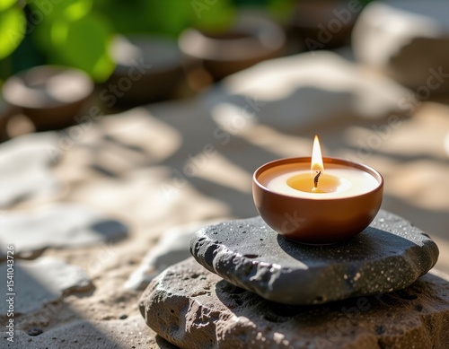 A small lit candle in a brown holder rests on stacked dark stones, with soft sunlight and blurred natural background creating a calming atmosphere.