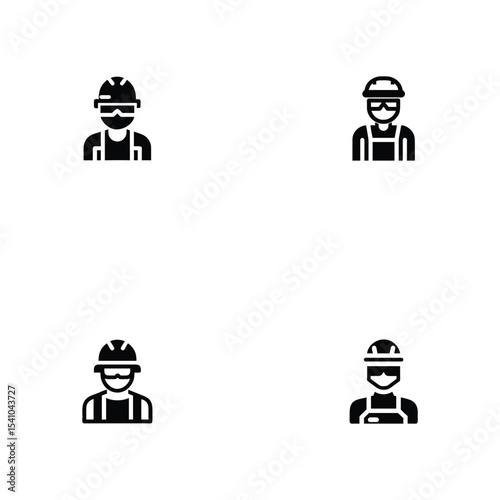 Four worker icons in a row. Simple black and white icons of four workers wearing hard hats and safety glasses.