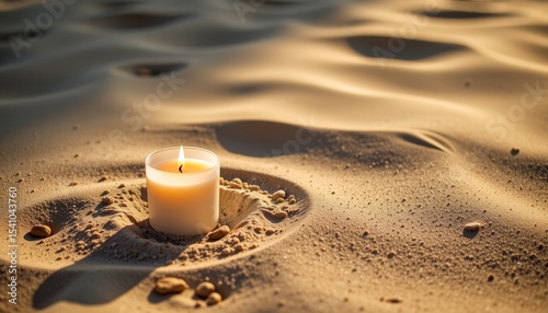 A lit candle is placed in a small sand pit on a sunlit, rippled sandy surface, creating a warm and serene atmosphere.