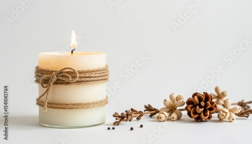 A lit candle, bathed in warm, natural sunlight on a beige surface.