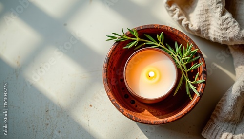 A lit candle in a rustic bowl is adorned with fresh rosemary, casting a cozy ambiance with soft natural light and textured fabric nearby.