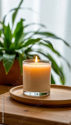 A lit candle in a glass holder sits on a wooden tray with a green potted plant blurred in the background, creating a calm and cozy atmosphere.