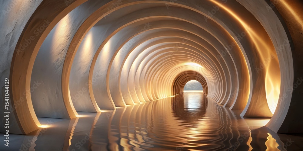 Obraz premium Illuminated Concentric Arched Passageway Reflecting in Still Water, Leading to an Open Portal of Light