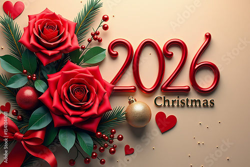 2026 Christmas Greeting with Red Roses, Hearts, Gifts & Ornaments – Elegant Festive Holiday Background