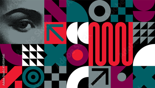 Bold abstract vector artwork with geometric shapes, halftone eye detail, and a modern retro color scheme. Ideal for posters, branding, digital art, and creative compositions.