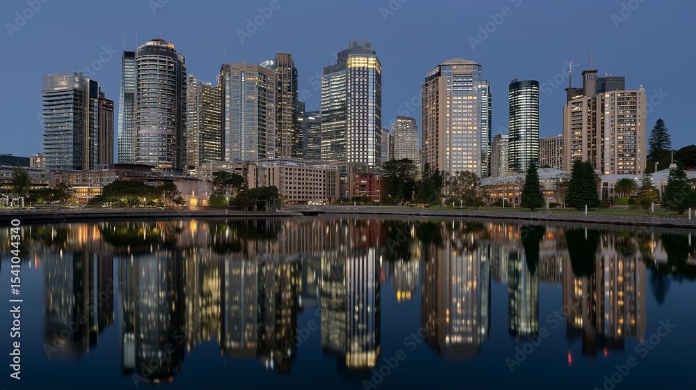 Fototapeta premium City skyline reflects on water during evening city aesthetic golden hour. AI generated