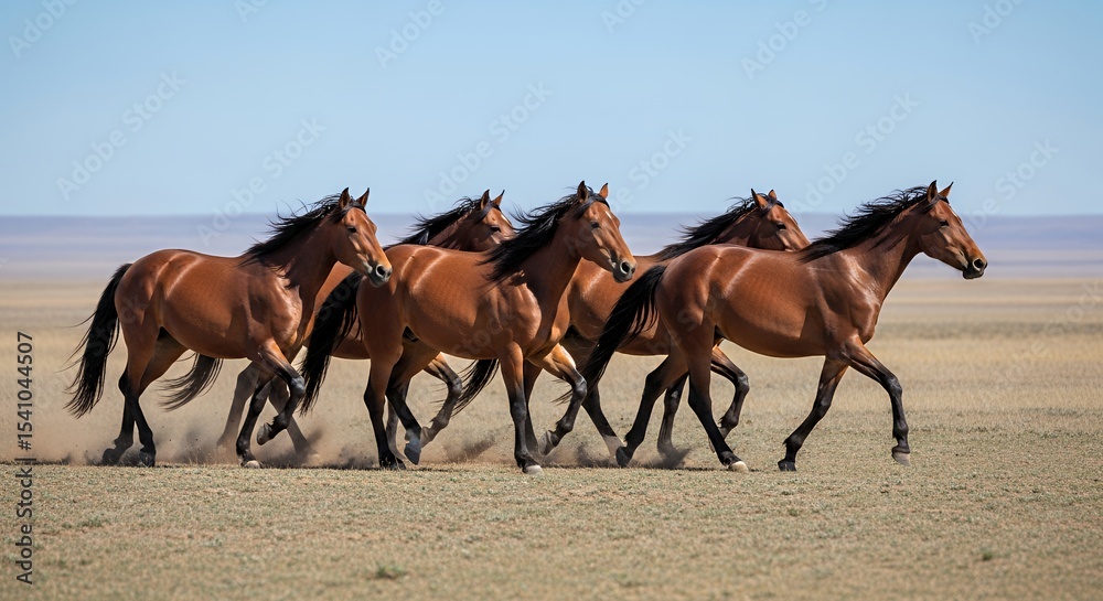 Wild Horses Galloping Freely Across the Open Plains Under a Clear Blue Sky Wild Horses Galloping Freely Across the Open Plains Under a Clear Blue Sky