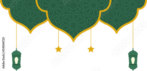 Islamic frame border with floral, arabic pattern ornament and lantern. Vector isolated.