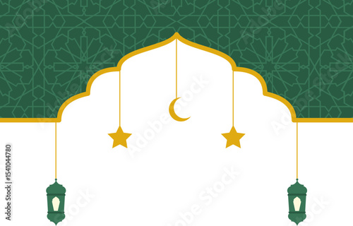 Islamic frame border with floral, arabic pattern ornament and lantern. Vector isolated.