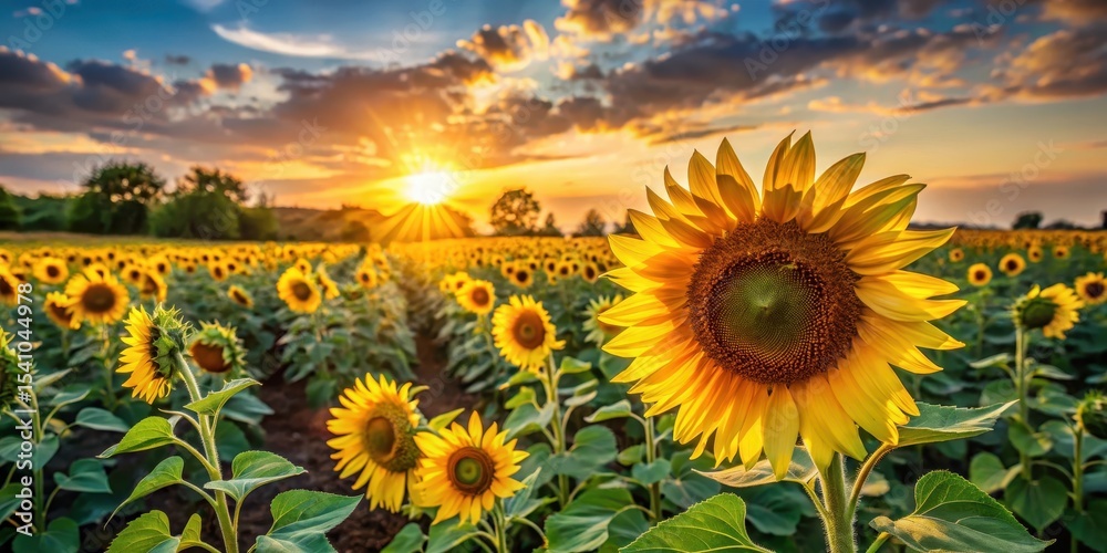 Fototapeta premium Golden Sunflowers Bask in the Warm Glow of a Sunset, a Serene Field of Yellow Blossoms Under a Dramatic Sky
