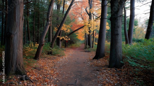 Colorful autumn leaves cover forest trail with arching trees path. AI generated
