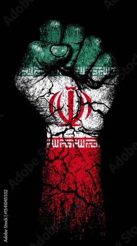 Iran uprising. Hand clenched into a fist on grunge crack background color Iranian flag. Protest in Iran on middle east. Vector illustration can used t-shirt print
