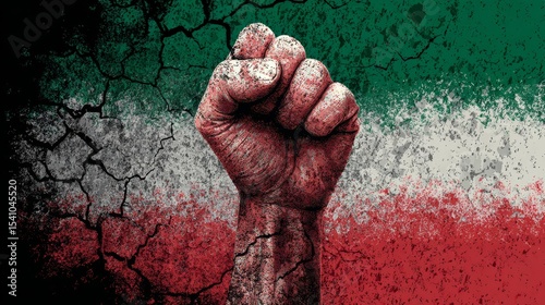 Iran uprising. Hand clenched into a fist on grunge crack background color Iranian flag. Protest in Iran on middle east. Vector illustration can used t-shirt print