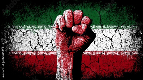 Iran uprising. Hand clenched into a fist on grunge crack background color Iranian flag. Protest in Iran on middle east. Vector illustration can used t-shirt print