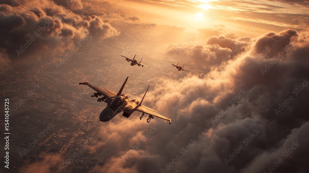 Naklejka premium Military fighters flying high in the sky. 3d render