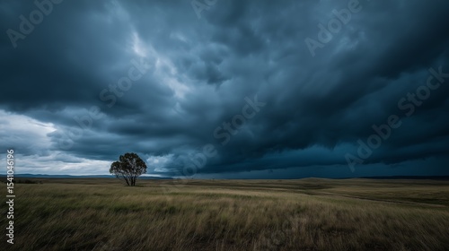 Dark storm clouds gather above plains with lone tree. Tension builds atmosphere. AI generated.