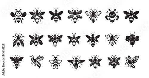 Cartoon Line Art Honey Bee Bumblebee logo clip art design, Honey Bee icon, honey bee silhouette, vector illustration eps 10.
