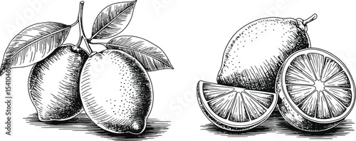 Hand drawn illustration of lemons with leaves and lemon slices art