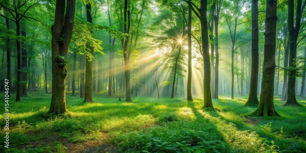 Fototapeta premium Sunbeams Illuminate a Verdant Forest Floor with Misty Atmosphere and Tall Trees