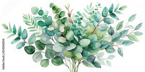 A lush watercolor painting of an assortment of various green leaves and branches arranged in a bouquet style against a white background.