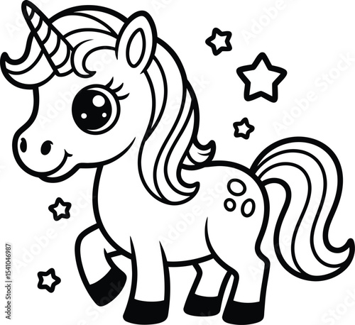 Illustration of a cartoon unicorn with stars in black and white line art
