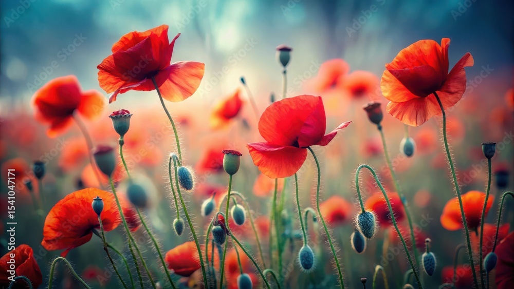 Obraz premium Vibrant Red Poppies in a Serene Field at Dawn, Their Delicate Petals Unfurling in the Soft Light, Creating a Breathtaking Natural Tapestry