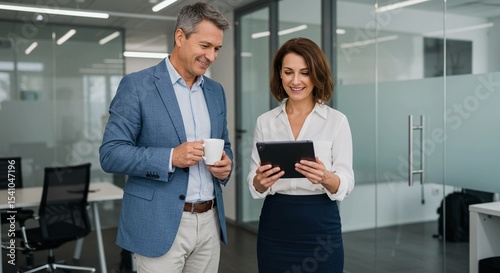 Two smiling businesspeople are working together in an office, one holding a tablet and the other looking at a laptop