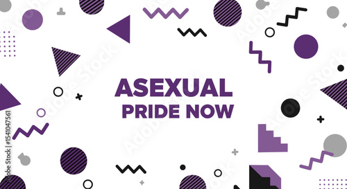 ASEXUAL PRIDE NOW. Abstract geometric banner with purple, black, and grey shapes for LGBTQIA+ awareness and celebration.