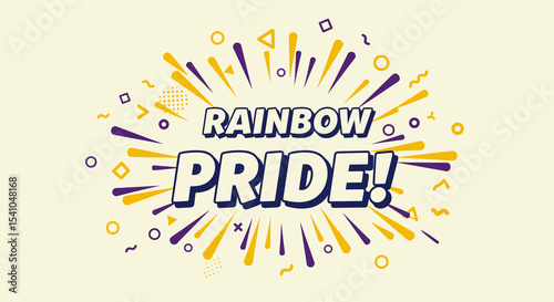 RAINBOW PRIDE! text in a vibrant comic book style. Yellow and purple graphic elements on a light background. Celebration and inclusivity concept.