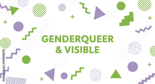 GENDERQUEER & VISIBLE. Abstract geometric background with green and purple shapes. LGBTQIA+ pride and identity concept. Modern graphic design for awareness and celebration.