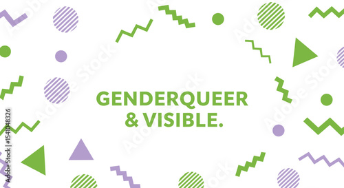 GENDERQUEER & VISIBLE. Abstract background with green and purple geometric shapes. LGBTQIA+ pride and visibility concept. Modern graphic design for awareness and support.